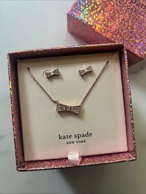 kate spade Rose Gold Crystal Bow Necklace and Stud Earrings Set